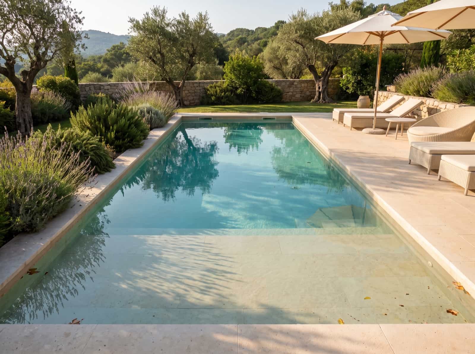 Piscine rectangulaire dans un jardin provençal du Var — oliviers, lavandes, murets de pierre sèche et terrasse en travertin au soleil du soir